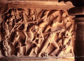 Mahishasurmardini, Mamallapuram, Tamil Nadu, seventh century CE. The theme of Goddess Durga vanquishing the demon Mahisha is one of the most popular representations of Hindu art. She represents the vigour and power, the determination and courage within us, with which we must battle the evil of our ignorance of the truth. (Image Source: Benoy K Behl)