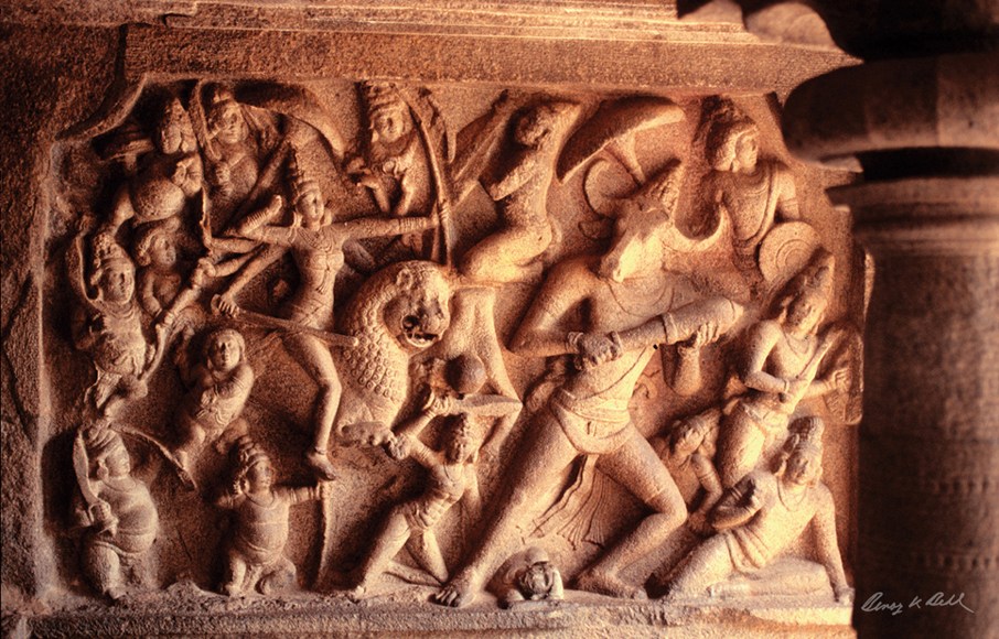 Mahishasurmardini, Mamallapuram, Tamil Nadu, seventh century CE. The theme of Goddess Durga vanquishing the demon Mahisha is one of the most popular representations of Hindu art. She represents the vigour and power, the determination and courage within us, with which we must battle the evil of our ignorance of the truth. (Image Source: Benoy K Behl)