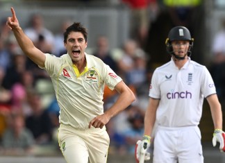 Pat cummins celebrating wicket at Ashes first test; Image Source: @Cricket Australia