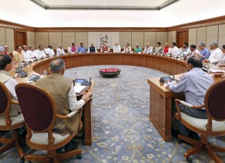 India's Prime Minister Narendra Modi chairs his first Union Cabinet meeting at the start of his third term, in New Delhi on Monday.; Image Source:PIB