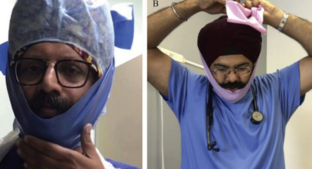 Image source: Elastic rubber band beard cover worn over turban and head cloth. 