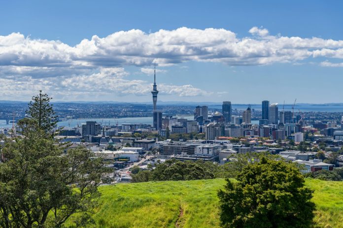 The skyline of Auckland city in New Zealand