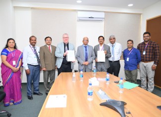 Monash University's Professor Chris Bain along with Apollo University's Professor Satyanarayana Rentala and other TAU staff for the MOU signing in Chittoor, India; Image Source: Supplied