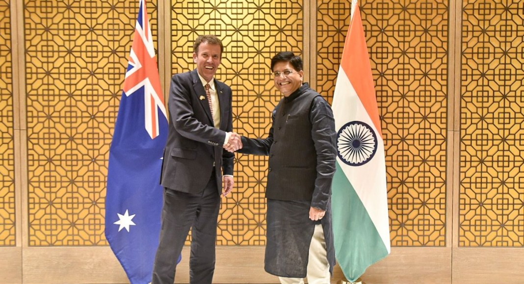 Australia's Trade Minister Dan Tehan and his Indian counterpart Union Commerce and Industry Minister Piyush Goyal; Picture Source @PIB